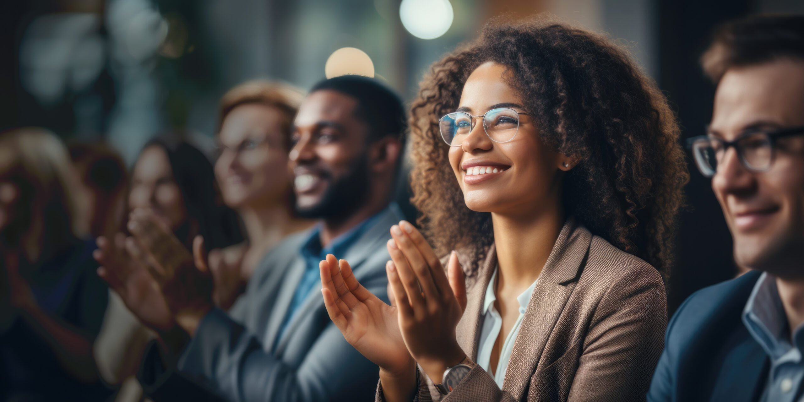 Group of people applauding together in business meeting